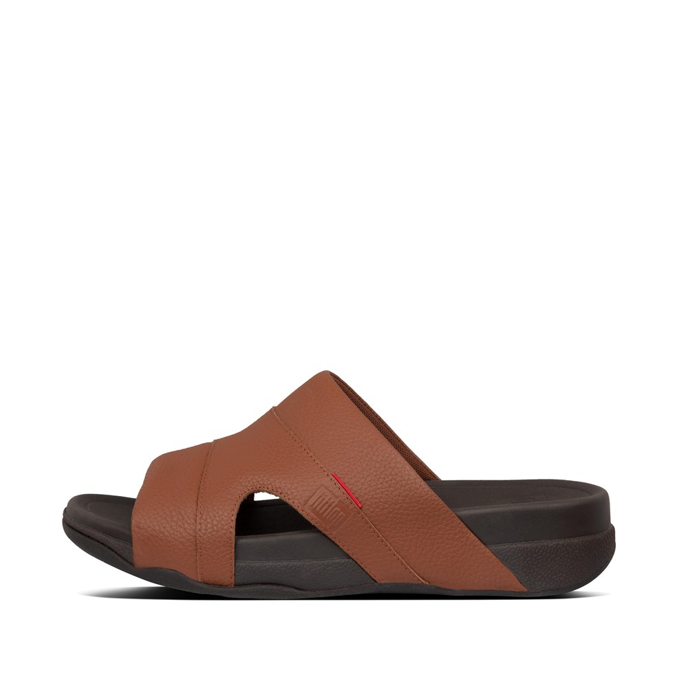 Fitflop Mens Slides - Freeway Leather Pool - Brown/Black - 652-ZJYLHU